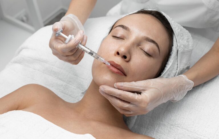 A gloved injector treating a reclining patient's lips