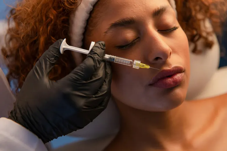 A black-gloved clinician injecting the mid-cheek and nasolabial area of a reclining woman with a fine needle
