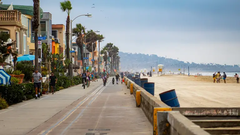 The Mission Beach boardwalk in San Diego, California, looking north toward Pacific Beach and the La Jolla headland